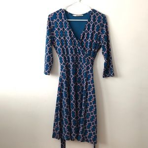 Flattering Blue and Coral Wrap Dress